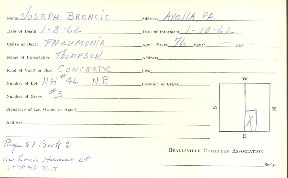 Joseph Brencic burial card